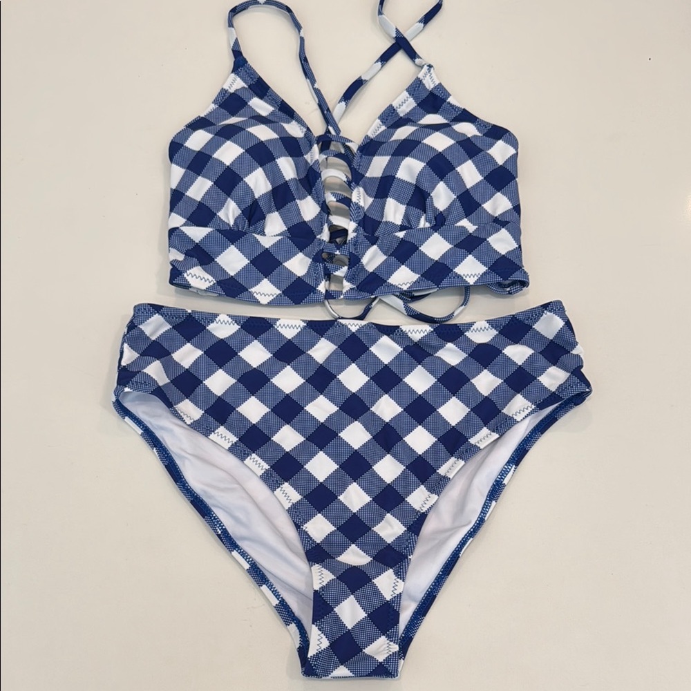 Women’s Blue and White Checkered Swim Set Bikini